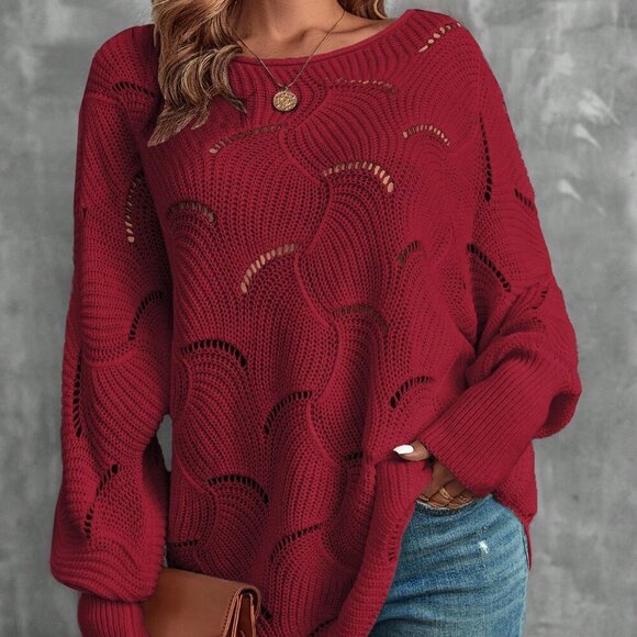 Burgundy Casual Women's Round Neck Drop Shoulder loose knit Sweater - Picture 7 of 7